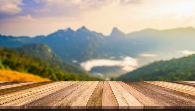 Mountain Vista Display: Wood Tabletop Enhances Product Showcase Against Blurred Mountain Backdrop