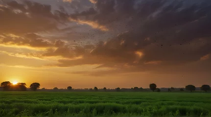 Foto op Canvas Locust swarm over a lush green field at sunset. Significant natural event, with insects impact on agriculture and the environment.generative.ai  © Akash