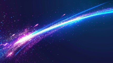 A shooting star light arc curve with a magic glitter overlay. A blue arch neon sparkle beam line. A speed trail shine modern effect. Glowing gold and purple tracks. A flying twinkle motion overlay. - obrazy, fototapety, plakaty