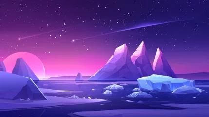 Fototapeten Cartoon modern arctic panoramic scenery with iceberg and northern lights. Drifting ice and snow blocks. Glaciers floating in sea. Pink aurora borealis in sky. © Mark