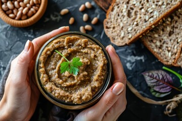 Woman spreads bean paste on bread Mexican bean pate in jar Healthy vegetarian dish Top view