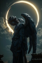 Fototapeta premium Celestial Guardian Confronts Inner Demons Amidst Eclipse's Ethereal Dance in Mesmerizing Rendering