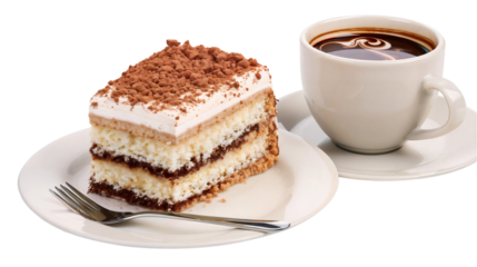 Chocolate cake with coffee isolated on white, cut out transparent