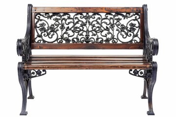 Wooden bench with ornate metal legs and armrests on white background