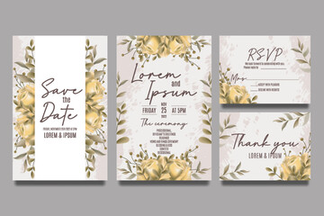 Wedding invitation template with yellow roses and brown leaves