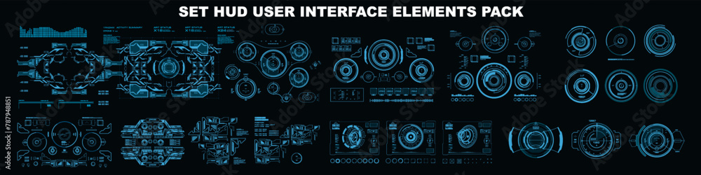 Fototapete Big set complex elements HUD user interface. Gaming elements device dashboard. Goals, targets, geolocation devices, systems pointing searching objects. Futuristic HUD dashboard virtual reality screen