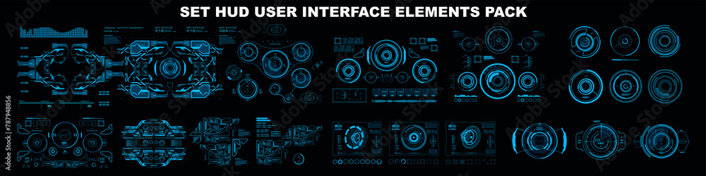 Fototapete Big set complex elements HUD user interface. Gaming elements device dashboard. Goals, targets, geolocation devices, systems pointing searching objects. Futuristic HUD dashboard virtual reality screen