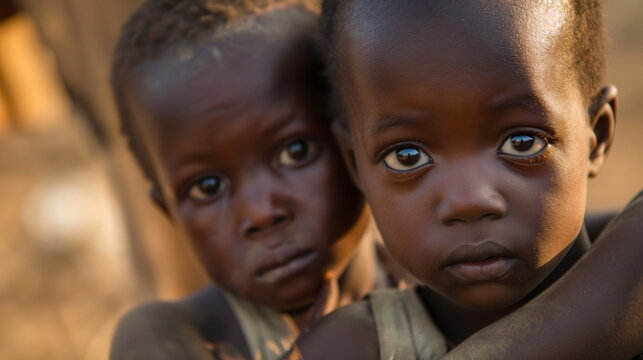 Hungry African children are begging for food. Malnutrition, portrait of refugee children. Africa, poverty, poor, faces of kids portrait