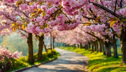 Spring's Splendor: Sakura Cherry Blossom Alley, a Picturesque Park Lined with Rows of Blooming Trees