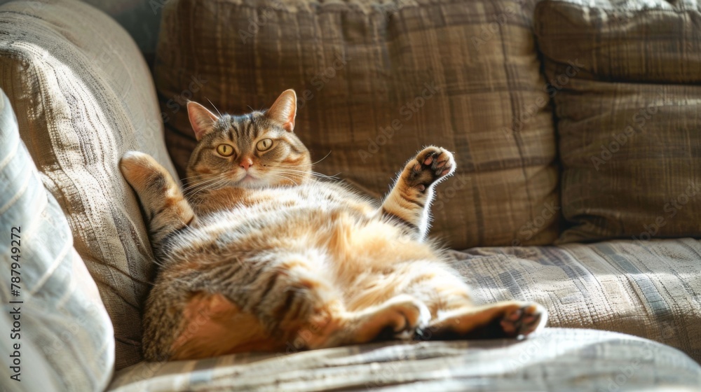 Poster a lazy fat cat sitting with a funny gesture on the comfortable couch. domestic life animals