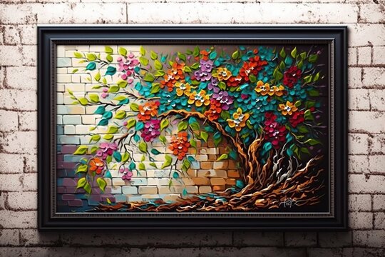 a framed painting of a tree with purple flowers on it.