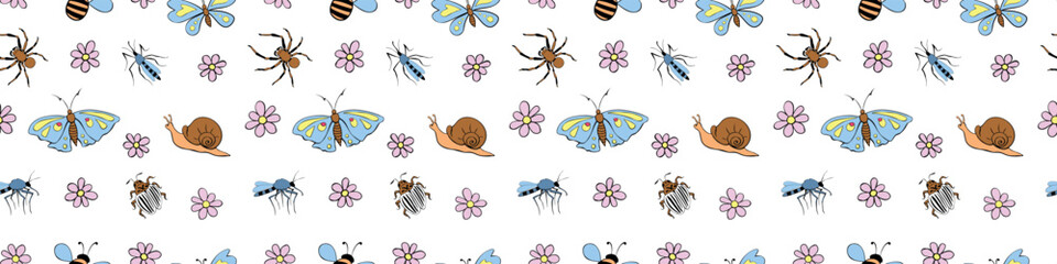 Fototapeta na wymiar Seamless childish pattern with cute flowers, butterfly, snails, bugs. Insects on glade. Vector illustration. For textile, print, kids surface design