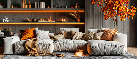 Stylish Modern Living Room, White Sofa and Wooden Decor, Cozy Scandinavian Inspired Interior