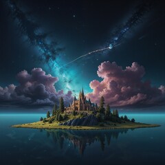 image that blurs the line between reality and dreams, featuring floating islands, surreal creatures, and a mesmerizing cosmic sky