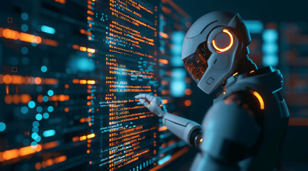 Photo of An AI robot writing code on computer screen, with digital data and binary numbers in the background