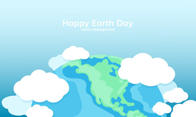 Earth and fluffy clouds on blue sky background. Vector cartoon illustration. Banner with copy space. Happy Earth Day print.