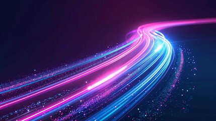 The modern illustration depicts the movement of fast car lights on a high speed curve with neon glow effects. The modern illustration depicts a realistic, modern illustration of energy flash going