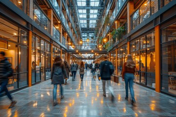 Dynamic image of a bustling modern shopping mall interior with motion blur, portraying speed and consumerism - obrazy, fototapety, plakaty