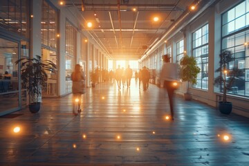 An image showing a bustling office environment with people silhouetted against a brightly lit end of a corridor