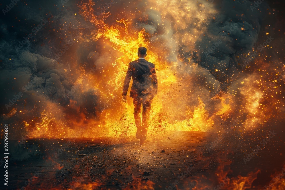 Poster captivating scene with a man running from an explosion, fire consuming the space around him in a dir