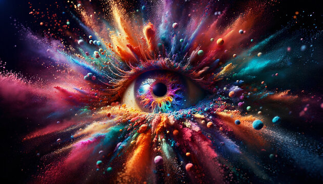 incredible detail of eye in a colorful explosion of smoke powder	