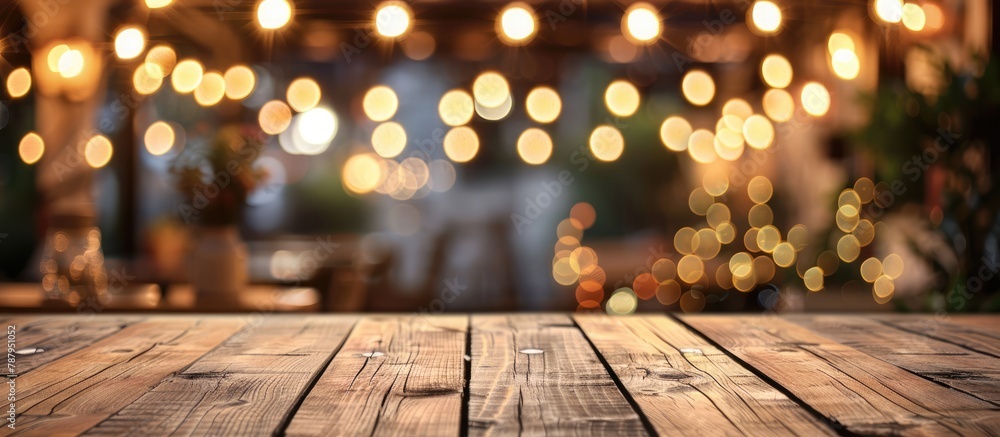 Sticker Wooden table in front of a blurred background featuring restaurant lights.