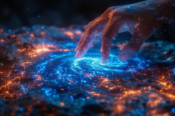 This striking image captures a hand creating ripples through a digital network of vibrant blue lights
