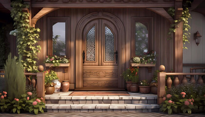 House entrance with beautiful wooden door. Generative ai design. - obrazy, fototapety, plakaty