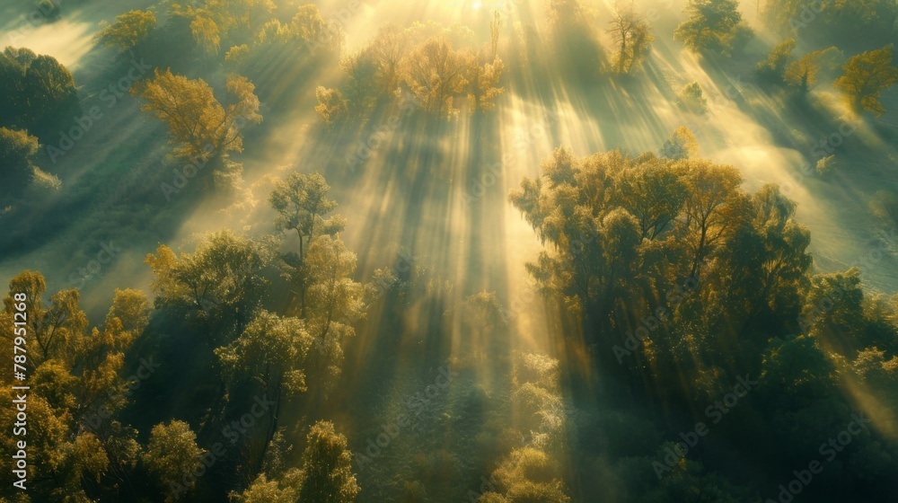 Poster Airview light and shadows in mist. First rays of sun through fog and trees.