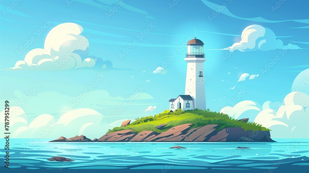 Poster modern landscape scene with lighthouse on an island in the sea. seaside beacon tower for navigation 