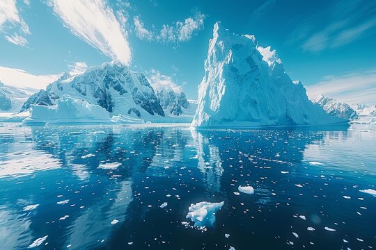 Captivating image of a sunlit iceberg with sharp contrasts against a brilliant blue sky and sea