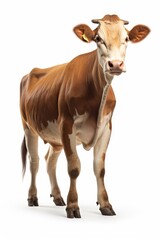 A brown and white cow gracefully stands before a blank white canvas