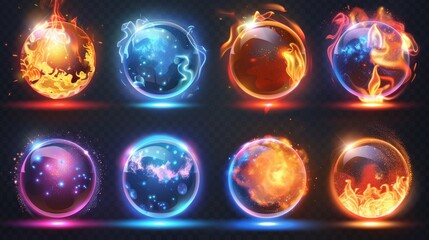 The magic game orbs set isolated on transparent background. Modern realistic illustration of neon blue, orange, and red energy balls with liquid texture, fire sparkles, cloud of smoke, and round
