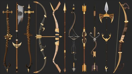 This set of ancient bows is isolated on a black background and illustrates magic weapons with wooden, golden, or iron spike handles, prehistoric or medieval crossbows, hunting tools, and game props. - obrazy, fototapety, plakaty