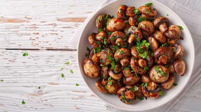 Ajillo Mushrooms, Spanish Garlic Mushrooms fried with sherry, smoked paprika and chopped parsley served in white bowl on white wood table, flat lay
