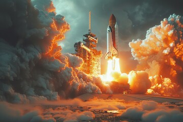An intense image of a space shuttle ascending with massive fiery exhaust against a turbulent cloud backdrop - obrazy, fototapety, plakaty