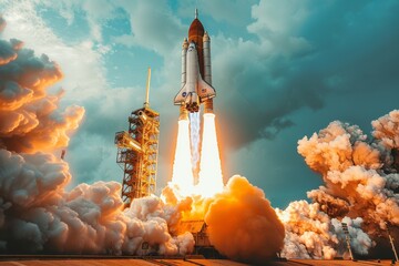 A breathtaking space rocket launch capturing the brilliant colors of sunset amidst vibrant, fiery clouds