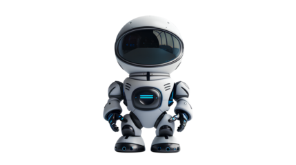Happy female astronaut robot toy isolated on a transparent background