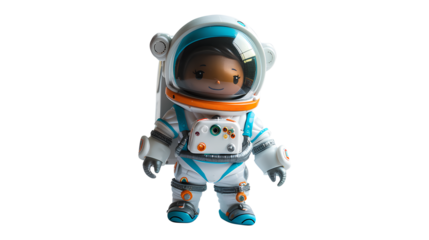 Happy female astronaut robot toy isolated on a transparent background
