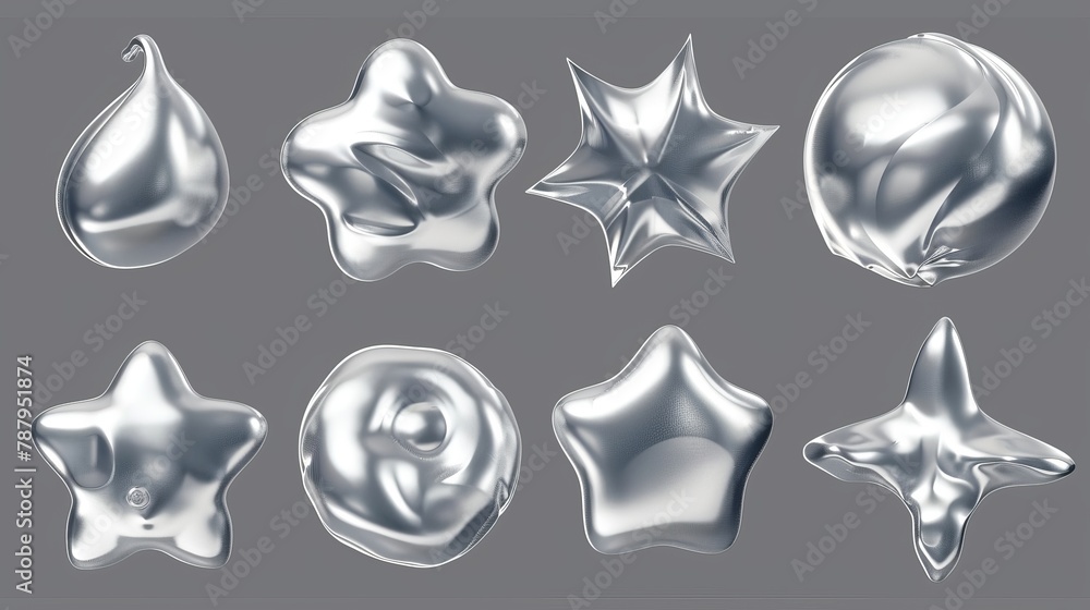 Aufkleber an attractive set of 3d realistic modern illustrations using silver inflatable liquid metal abstract