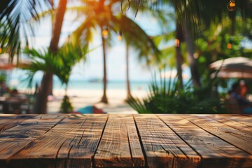 Wooden table with palm leaves on beach in summer - Powered by Adobe