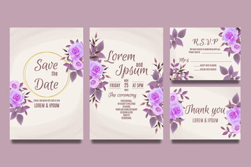 Wedding invitation template with purple roses and leaves