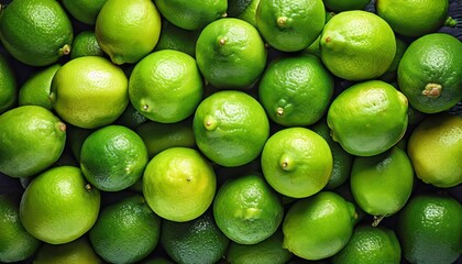 Top view of a vibrant array of freshly picked green limes filling the frame - obrazy, fototapety, plakaty