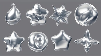 An attractive set of 3D realistic modern illustrations using silver inflatable liquid metal abstract shapes. Graphic design elements made from shiny steel or mercury with reflections. - obrazy, fototapety, plakaty
