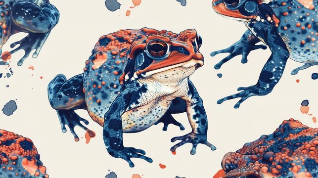 A pattern of a frog with spots and blue eyes on white background, AI