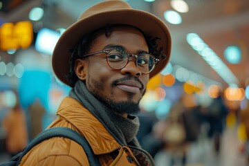 A sleek man with glasses and a stylish hat stands out in an airport environment with a bright smile