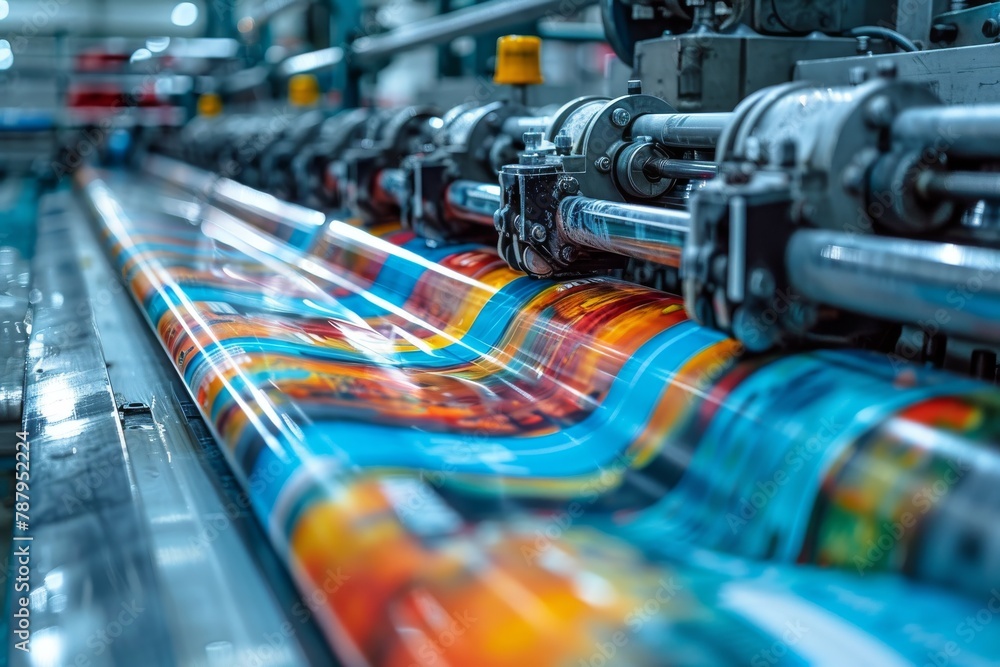 Poster energetic image of a stream of vividly colorful prints flying through the rolling mechanisms of a pr