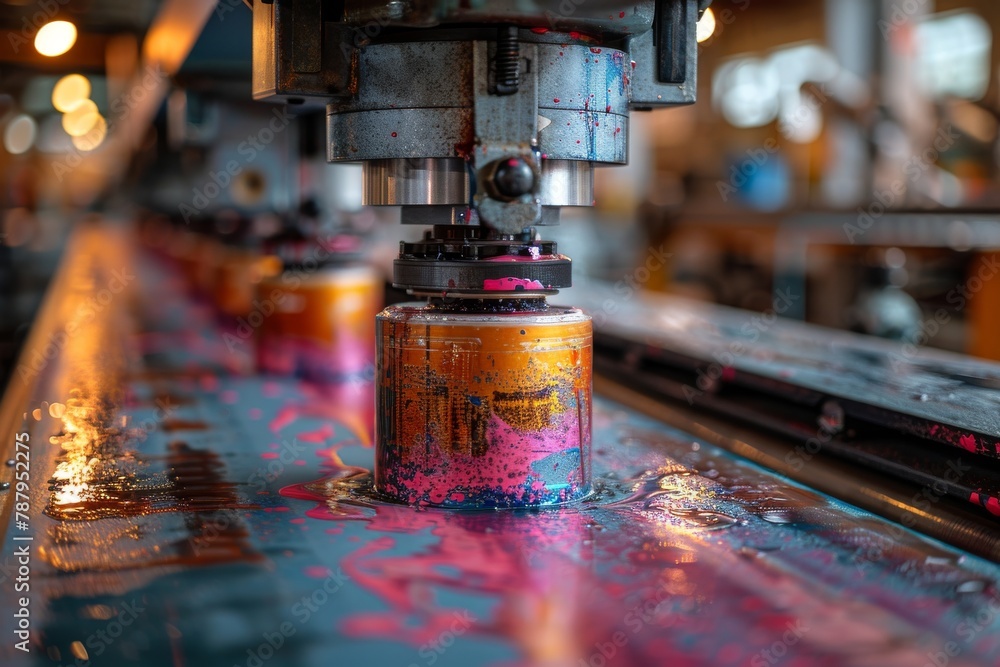 Poster this detailed image captures an intricate part of a printing machine applying colored ink during a p