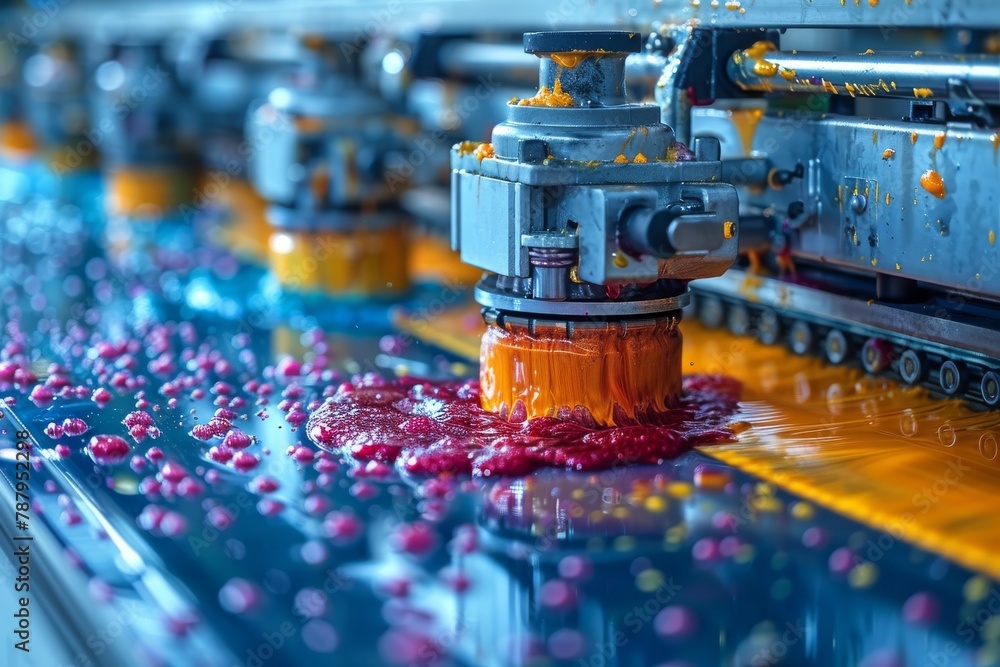 Poster a close-up view of vibrant ink spatters on the components of a large industrial printing machine in 