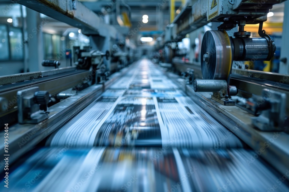 Poster high-speed capture of a printing press in motion, showing blurred lines of text and imagery with a d